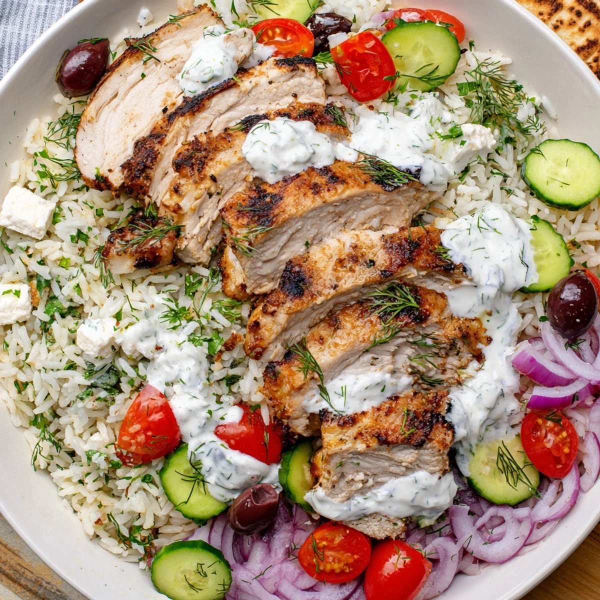 Greek Chicken Bowls served in a shallow bowl with colorful veggies, a drizzle of creamy tzatziki, and a warm pita on the side.