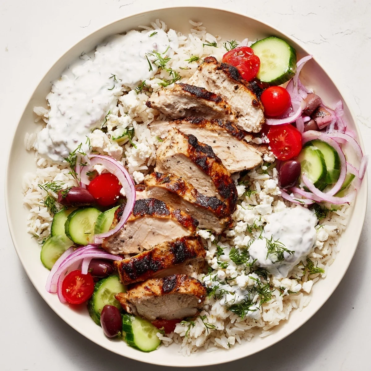 Overhead view of Greek Chicken Bowls featuring marinated chicken, fluffy dill rice, fresh Mediterranean toppings, and tangy tzatziki sauce ready to eat.