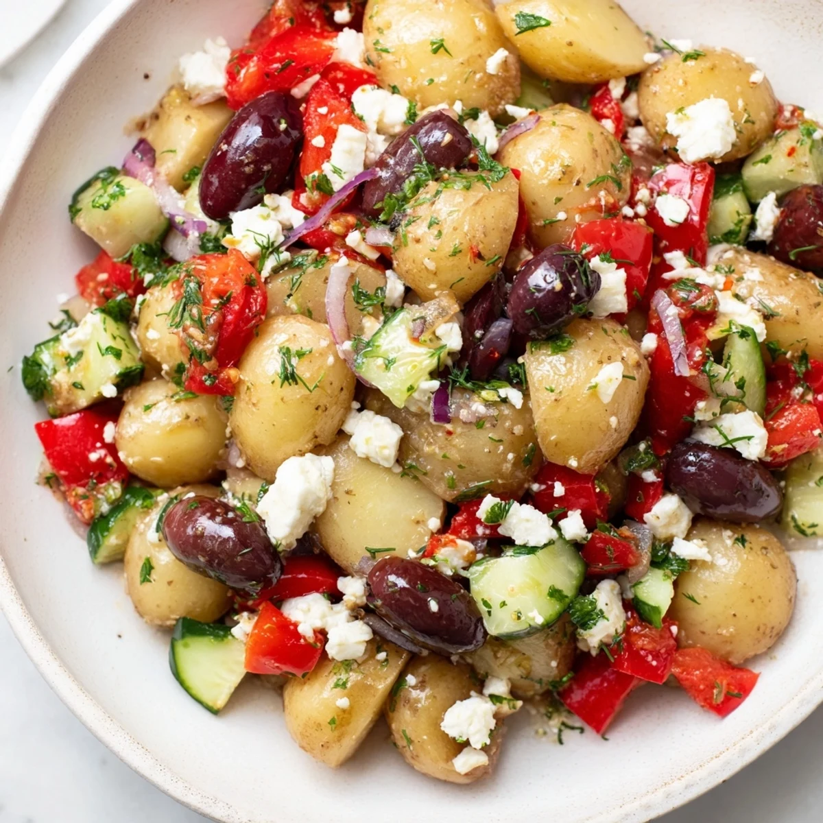 Vibrant bowl of Refreshing Olive Greek Potato Salad with tender potatoes, briny olives, and fresh veggies.