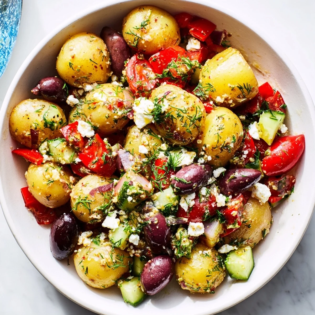 Serving of Refreshing Olive Greek Potato Salad topped with crumbled feta and a tangy dressing.