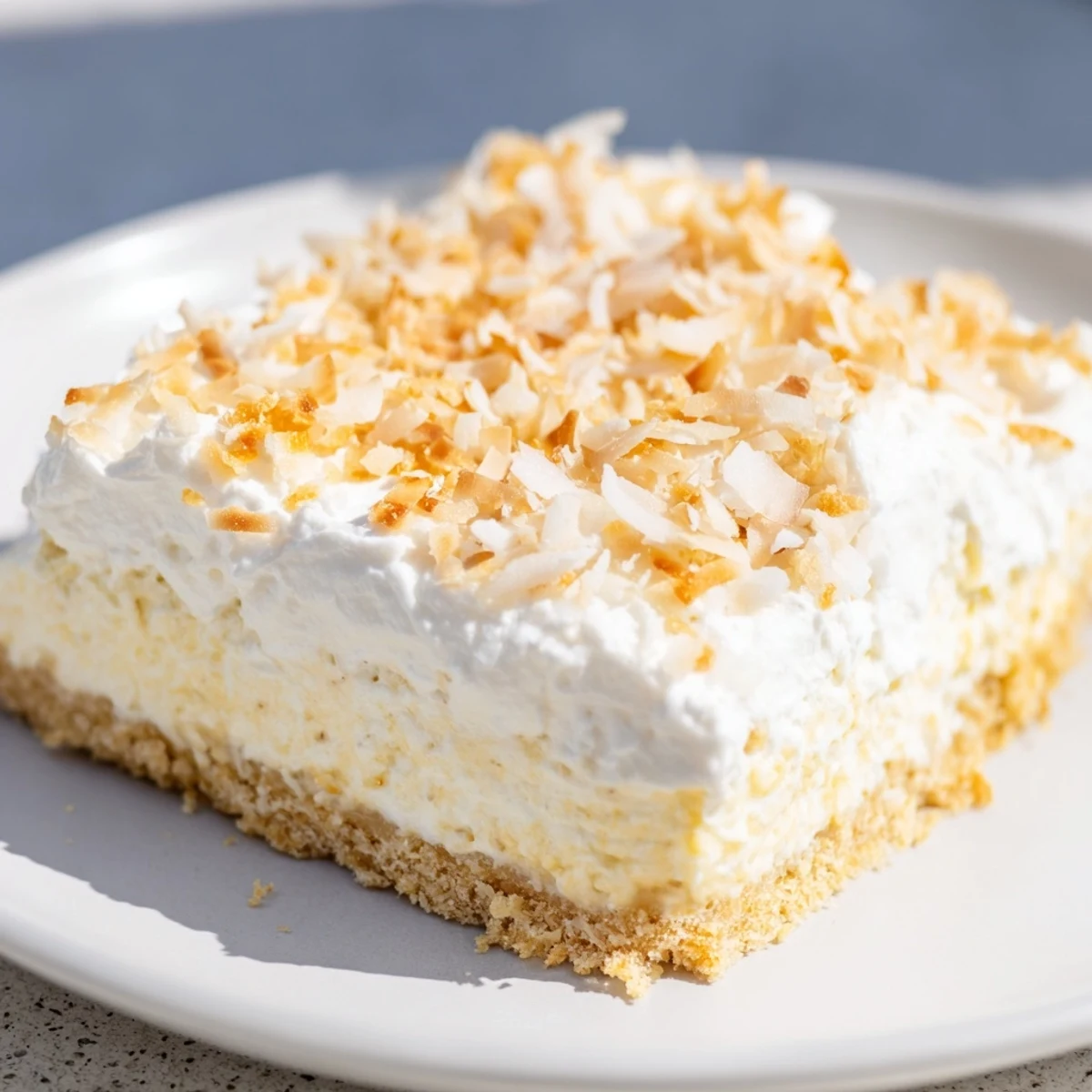 Golden toasted coconut flakes garnish chilled Coconut Cream Dream Bars on a rustic wooden cutting board, showcasing layers.