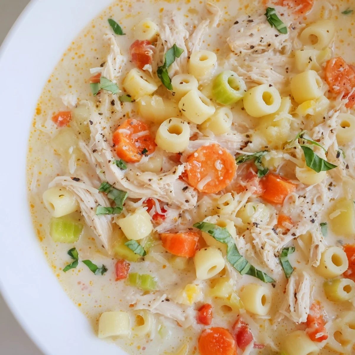 A warm bowl of Crock Pot Creamy Chicken Parmesan Soup topped with fresh basil, ready for a cozy dinner.