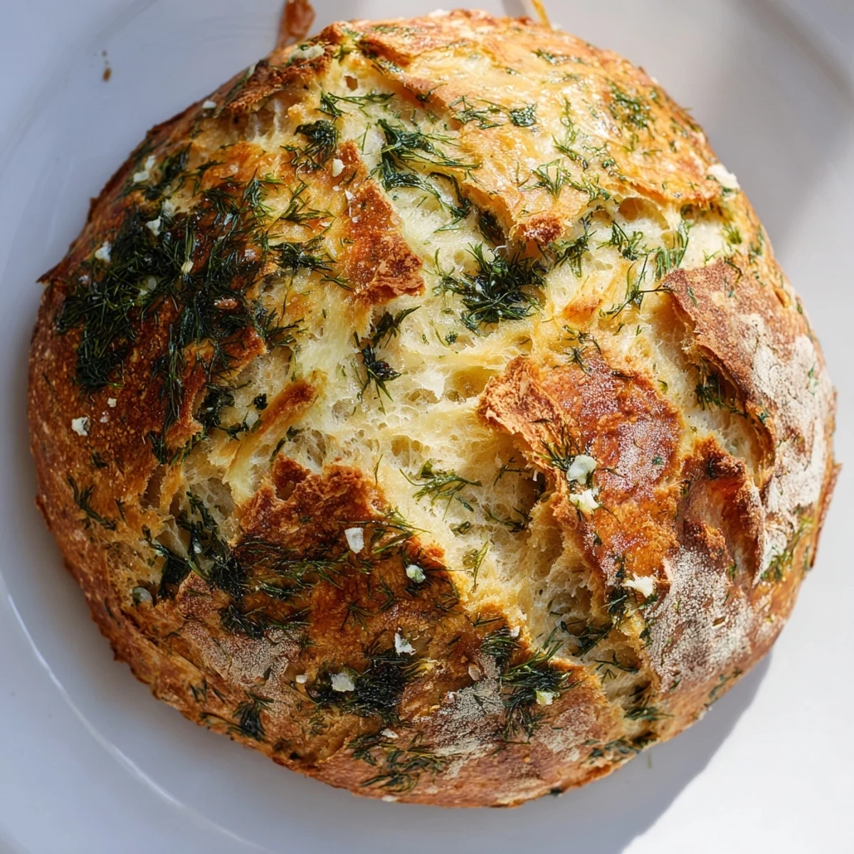 Freshly baked No-Knead Dill Gouda Artisan Bread loaf with aromatic dill and melty cheese, sliced beside a soup bowl.  