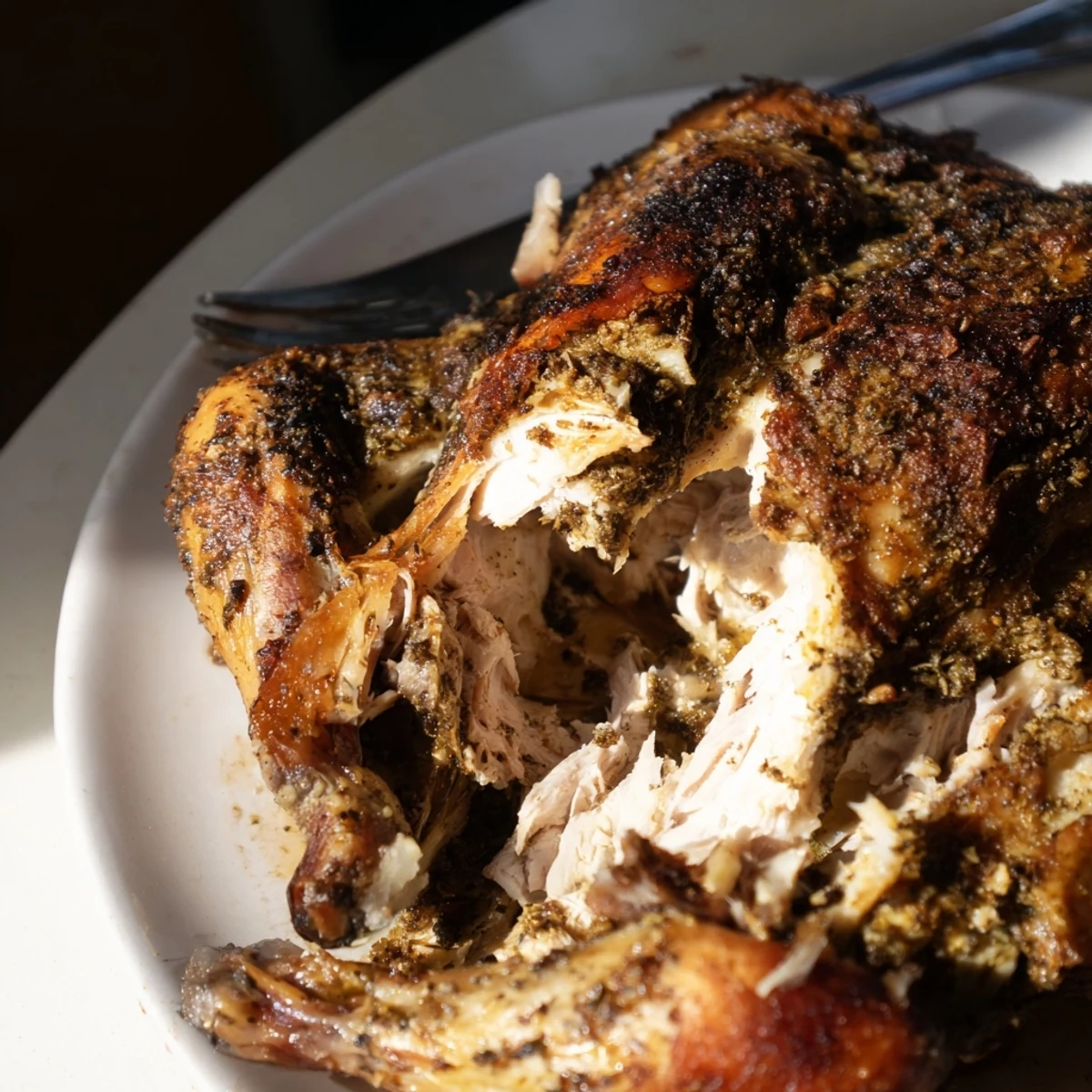 A whole Roasted Zaatar Chicken rests on a platter with fragrant zaatar herbs, surrounded by caramelized vegetables and pan juices.