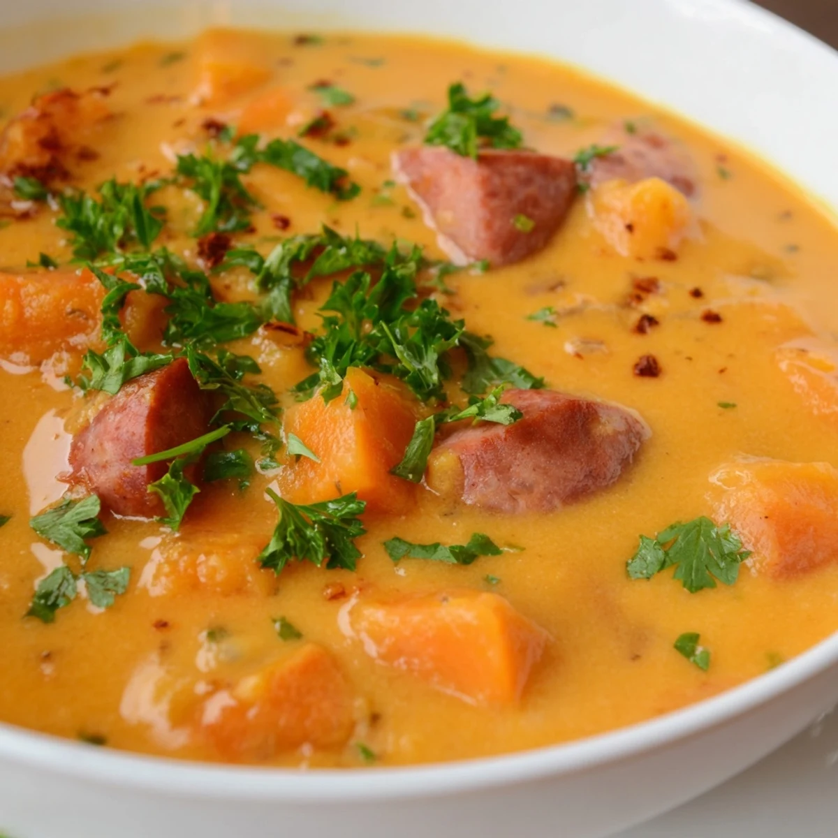 A bowl of Creamy Sweet Potato and Sausage Soup garnished with fresh parsley.