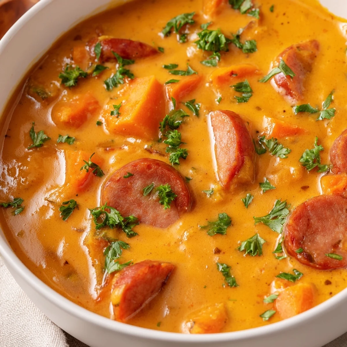 Creamy Sweet Potato and Sausage Soup served hot in a rustic bowl with a spoon.