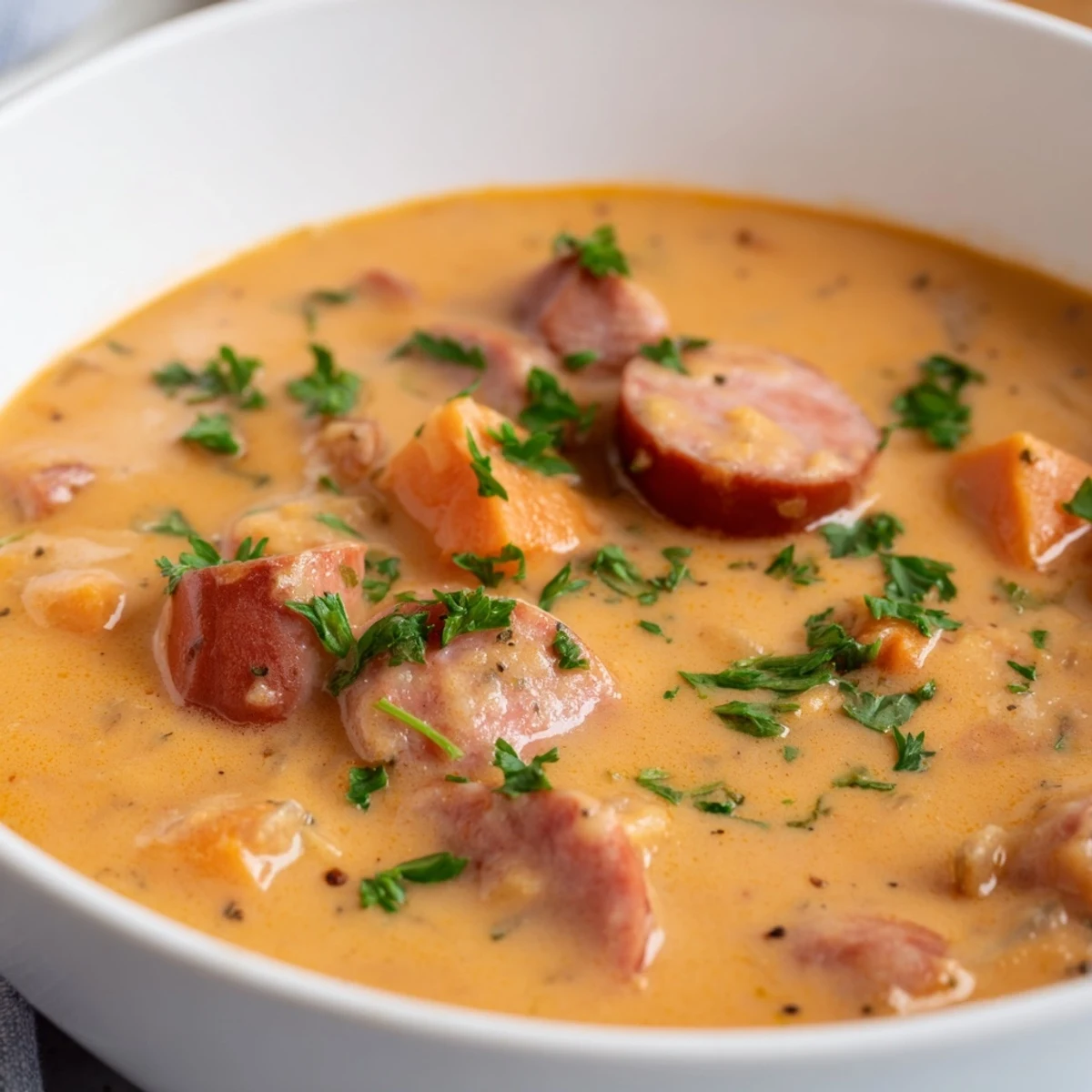 Steaming Creamy Sweet Potato and Sausage Soup topped with fresh chopped parsley for garnish.