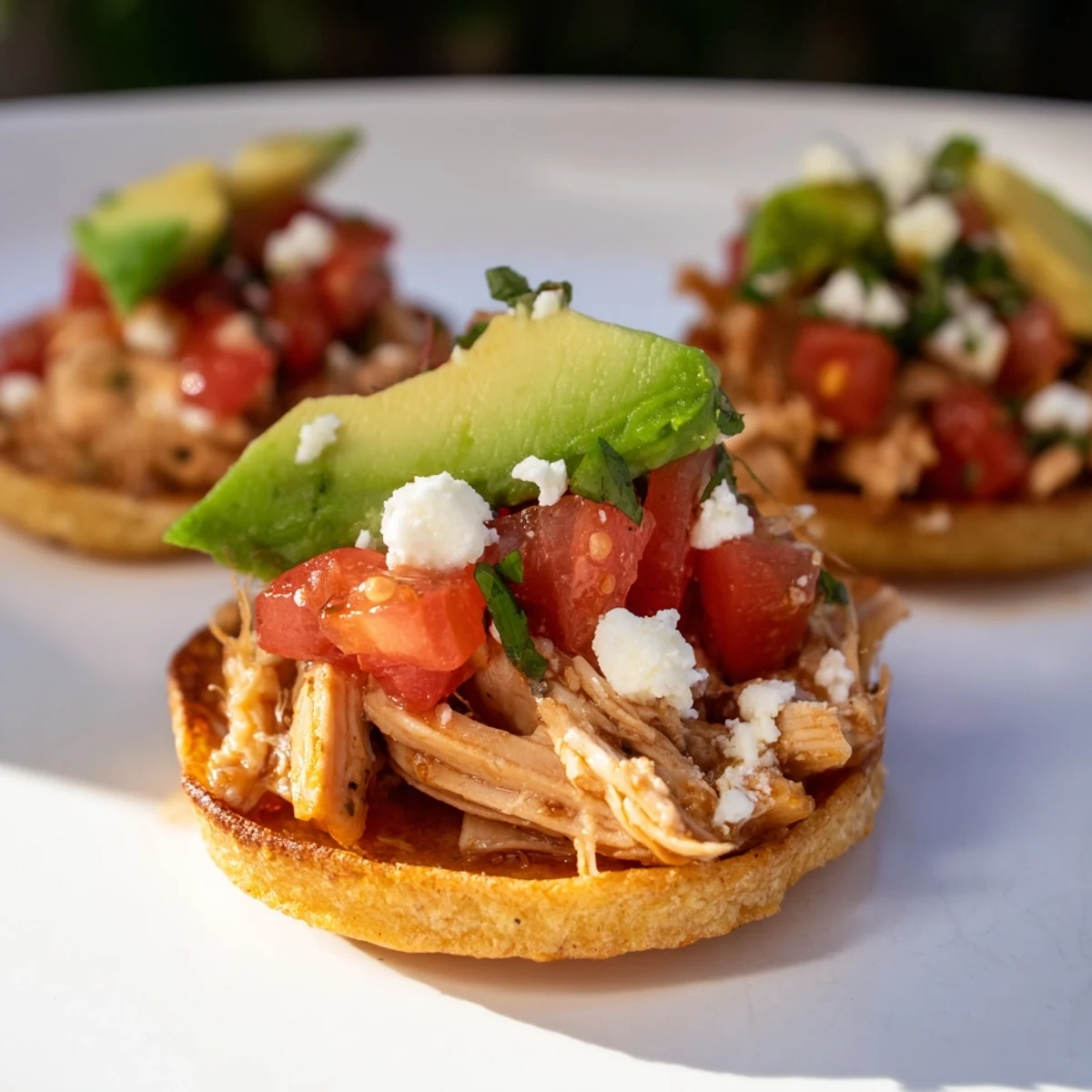 Crispy mini chicken tostadas topped with fresh salsa, creamy avocado, and crumbled cheese on a wooden board.