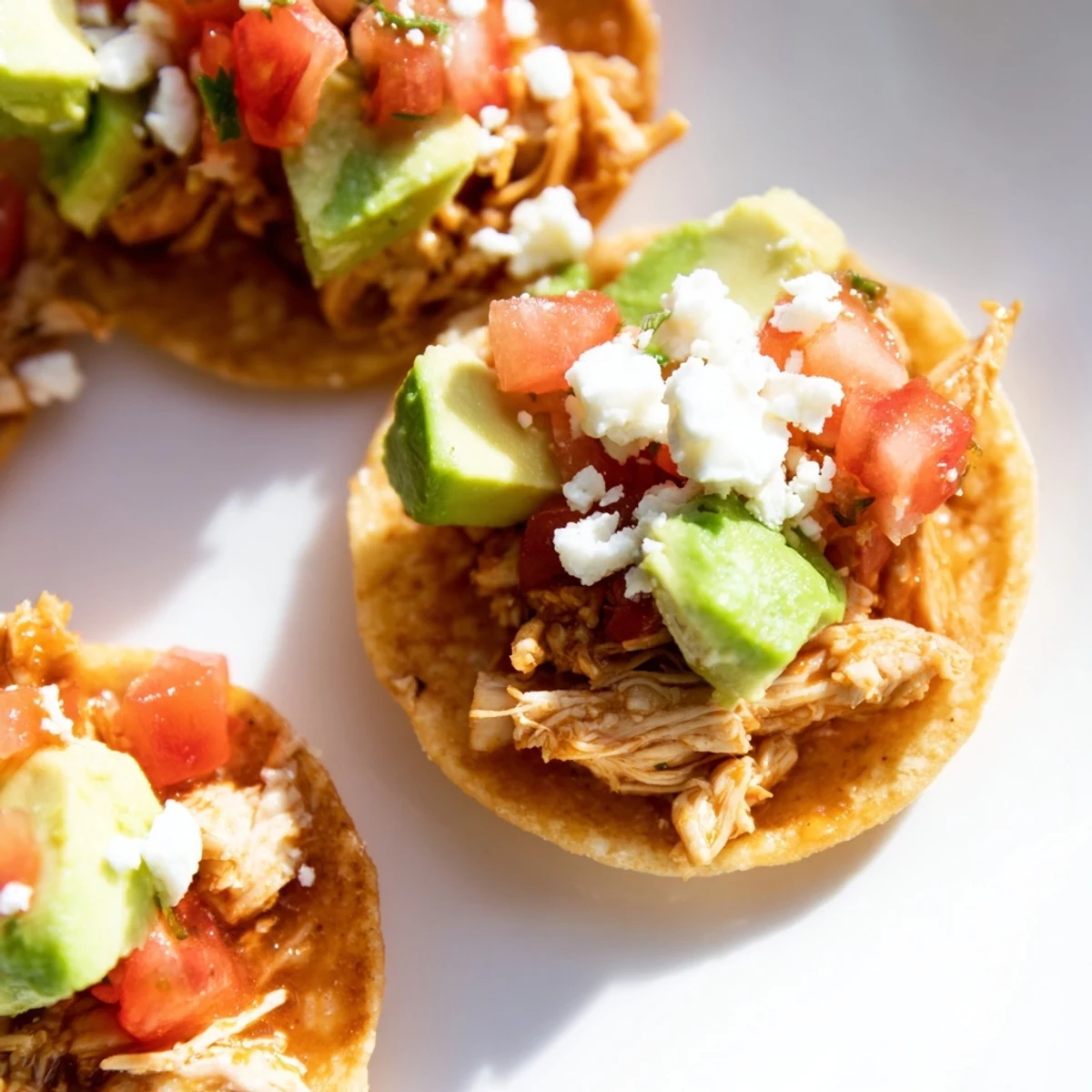 Golden-baked mini chicken tostadas arranged on a platter with cilantro garnish for a festive party appetizer.