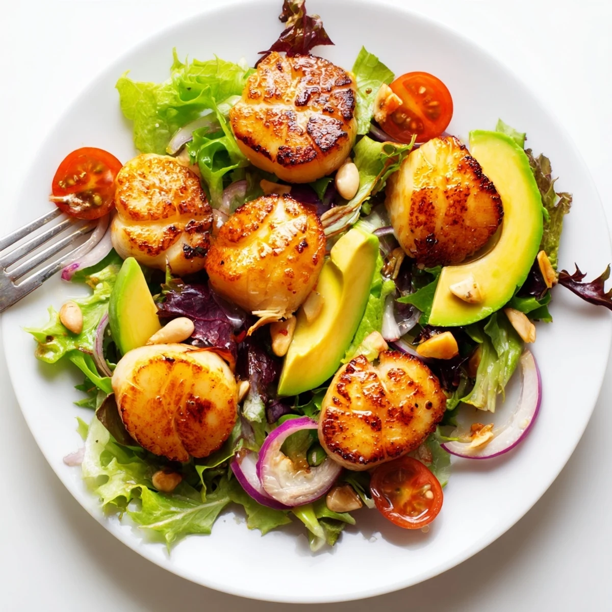 Warm seared scallops are plated on a fresh salad with pomegranate arils and toasted pine nuts for a romantic dinner.