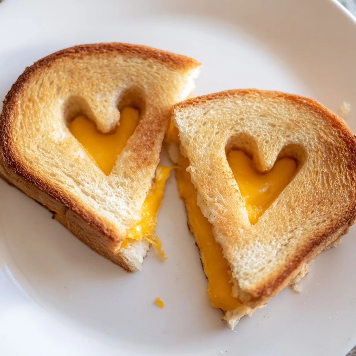 Golden Mini Grilled Cheese Hearts with melted cheddar on heart-shaped bread slices, served warm on a wooden board.