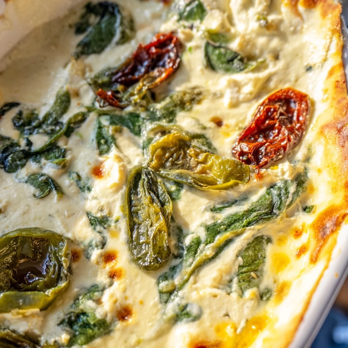 Golden spinach and pepperoncini baked feta dip with a bubbly top, fresh dill garnish.