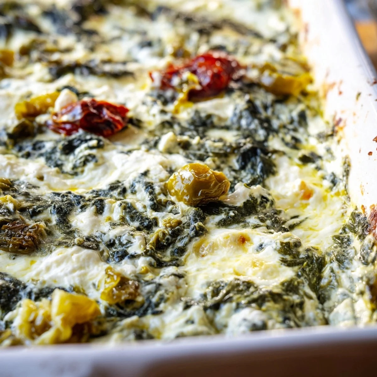 Warm Mediterranean-inspired baked feta dip with spinach and pepperoncini, paired with sliced baguette for dipping.