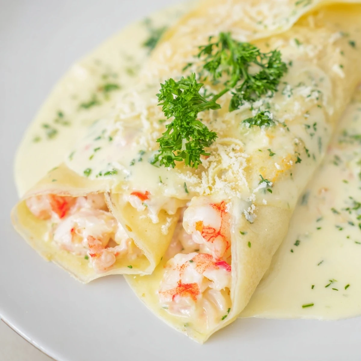 A golden, creamy plate of Gourmet Seafood Crêpes with Homemade Béchamel Sauce garnished with fresh parsley and chives. 