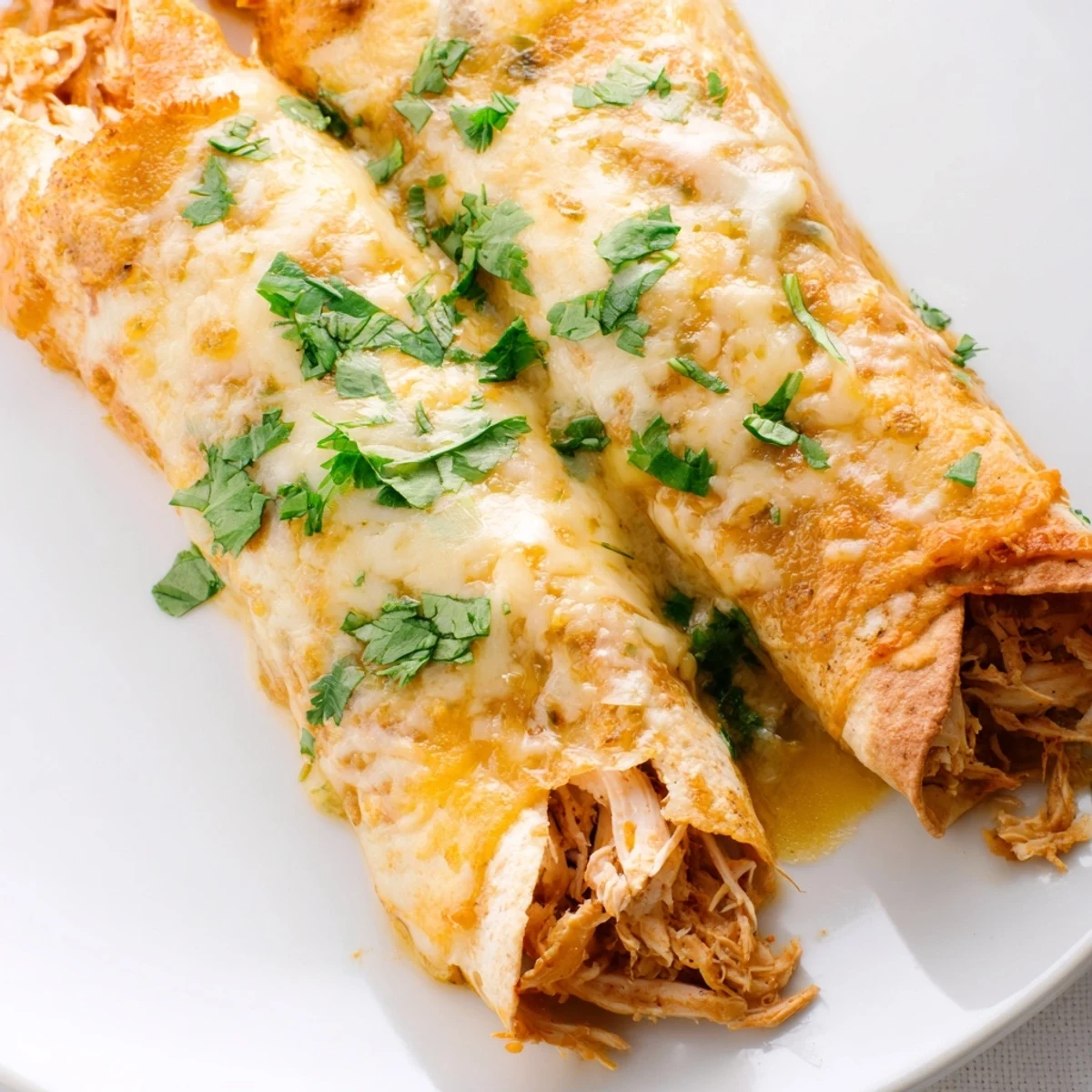 Warm Green Enchiladas With Chicken bubbling with melted cheese in a white dish.