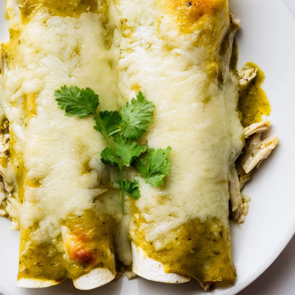 Golden Green Enchiladas With Chicken in a skillet with fresh cilantro topping.