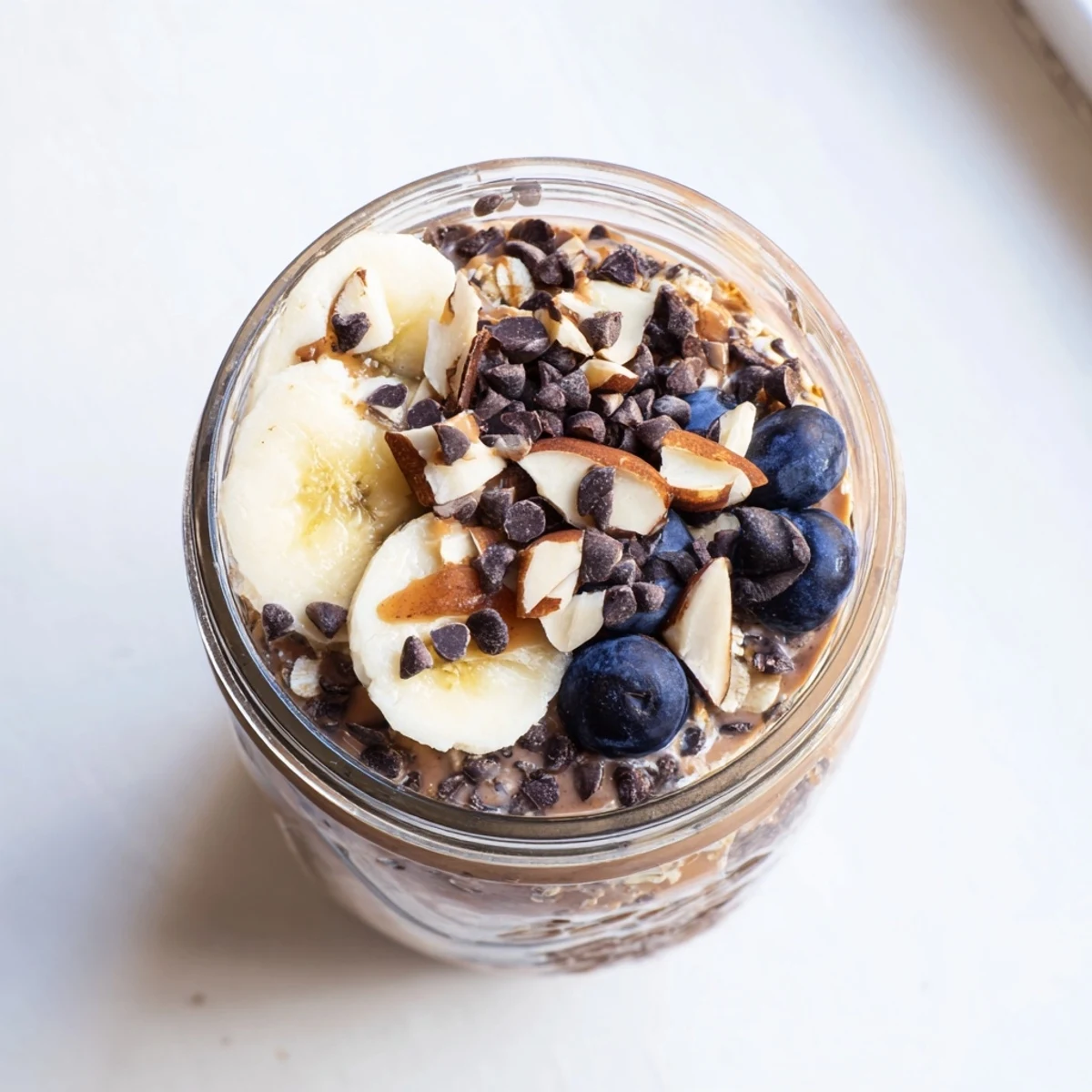 Creamy Ultimate Healthy Chocolate Overnight Oats layered in a glass jar with banana slices and chocolate chips.