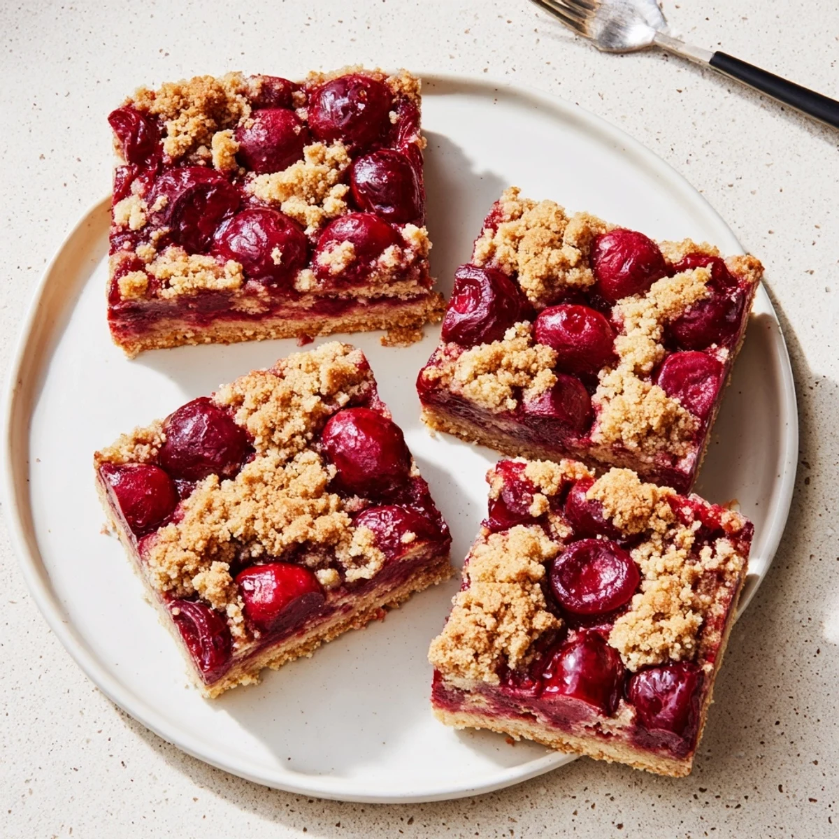 Cherry Crumble Bars cut into neat squares on a white plate with powdered sugar dusting.