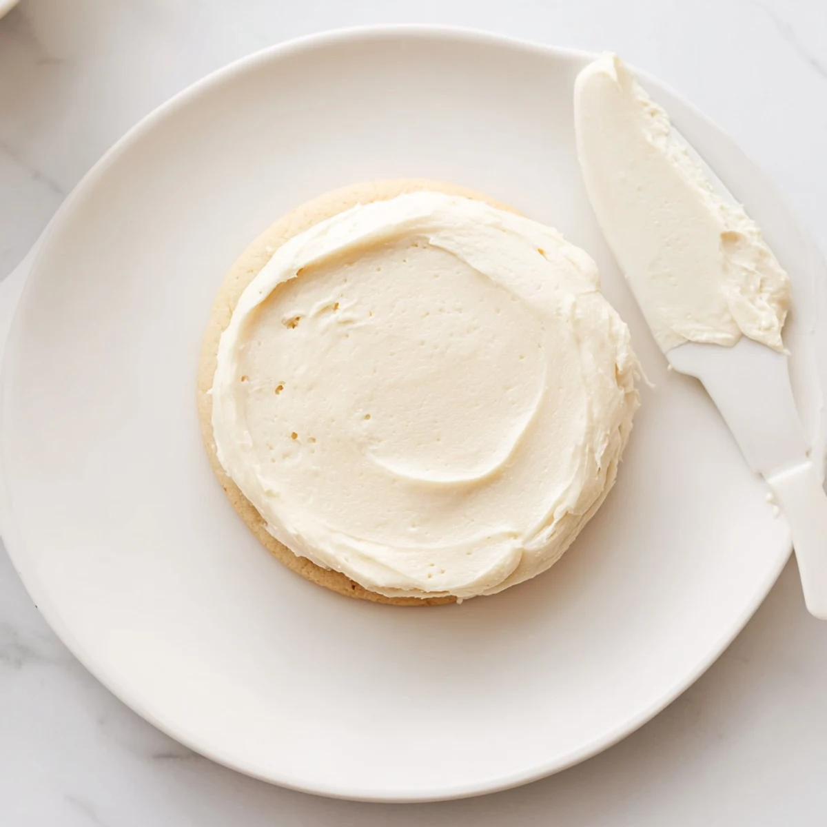 Easy Sugar Cookie Frosting is spread onto freshly baked cookies with a knife, showing its creamy texture.