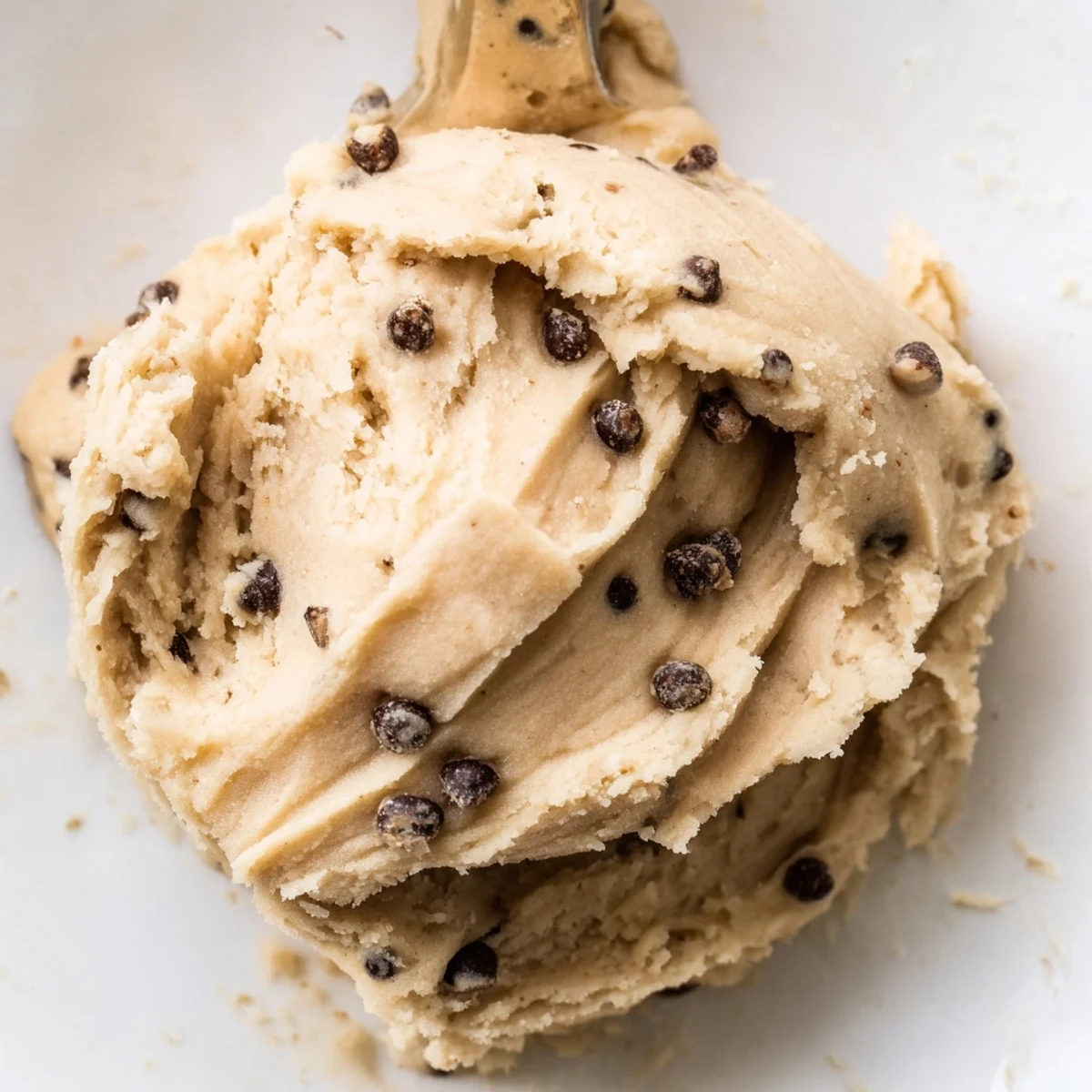 Velvety Cookie Dough Frosting spread on a cake slice, garnished with edible cookie dough pieces.