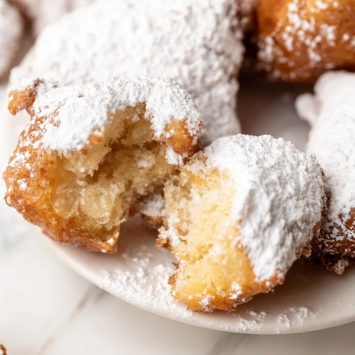 Pillowy Vanilla French Beignets stacked high, ready to be enjoyed with a cup of coffee.