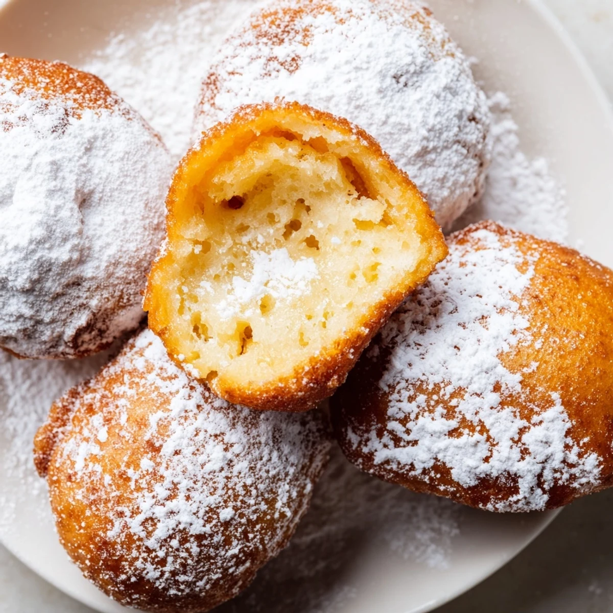 Golden brown Vanilla French Beignets sprinkled with powdered sugar, perfect for a sweet breakfast treat.
