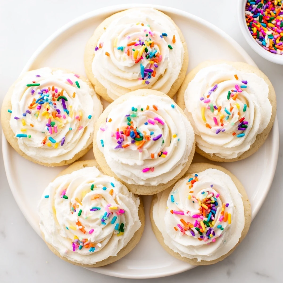 Close-up of soft, bakery-style Walmart-Style Sugar Cookies topped with fluffy buttercream and colorful sprinkles.