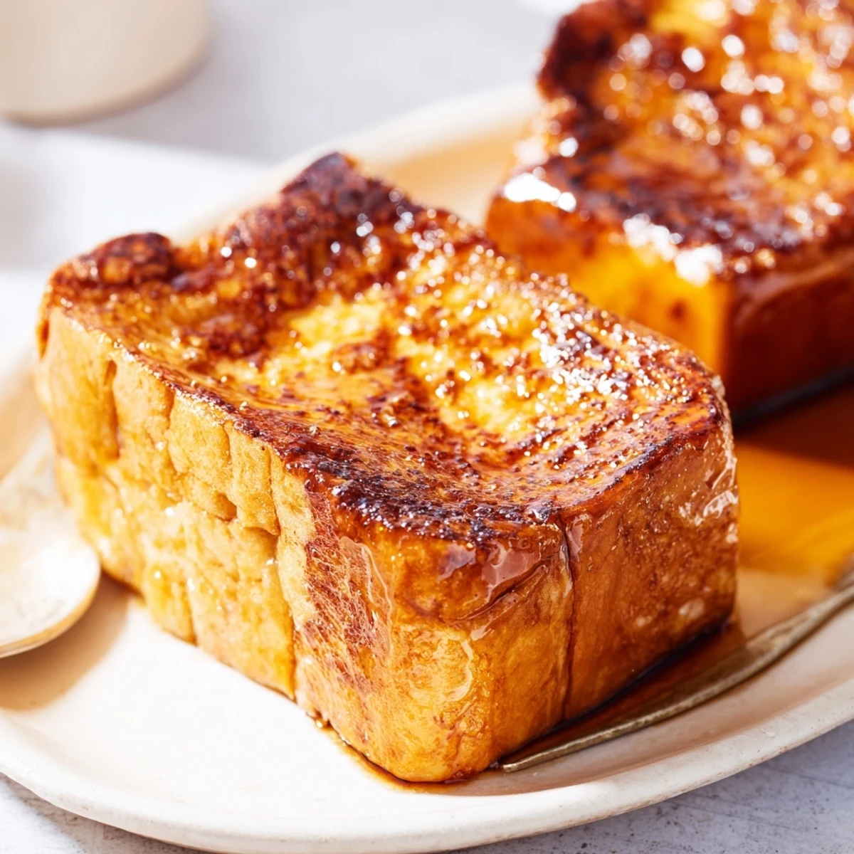 Freshly baked Crème Brûlée French Toast reveals golden custard-soaked brioche slices topped with a crackly caramelized sugar crust ready to serve.