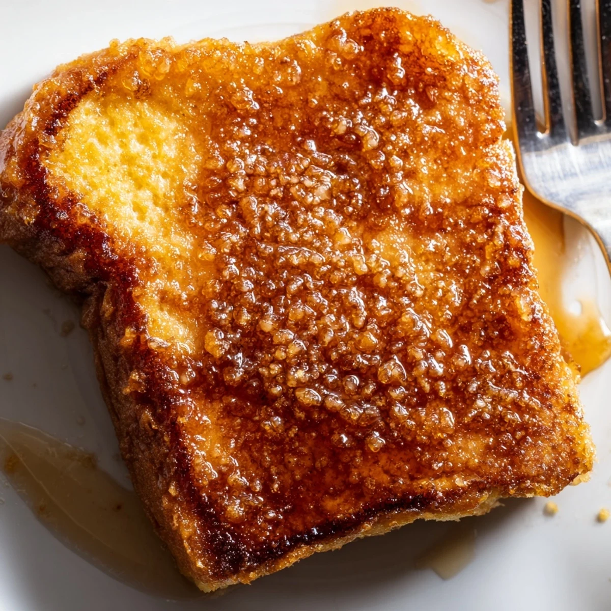 A close-up of warm Crème Brûlée French Toast shows steam rising from the soft bread beneath a glassy, crackled sugar topping.