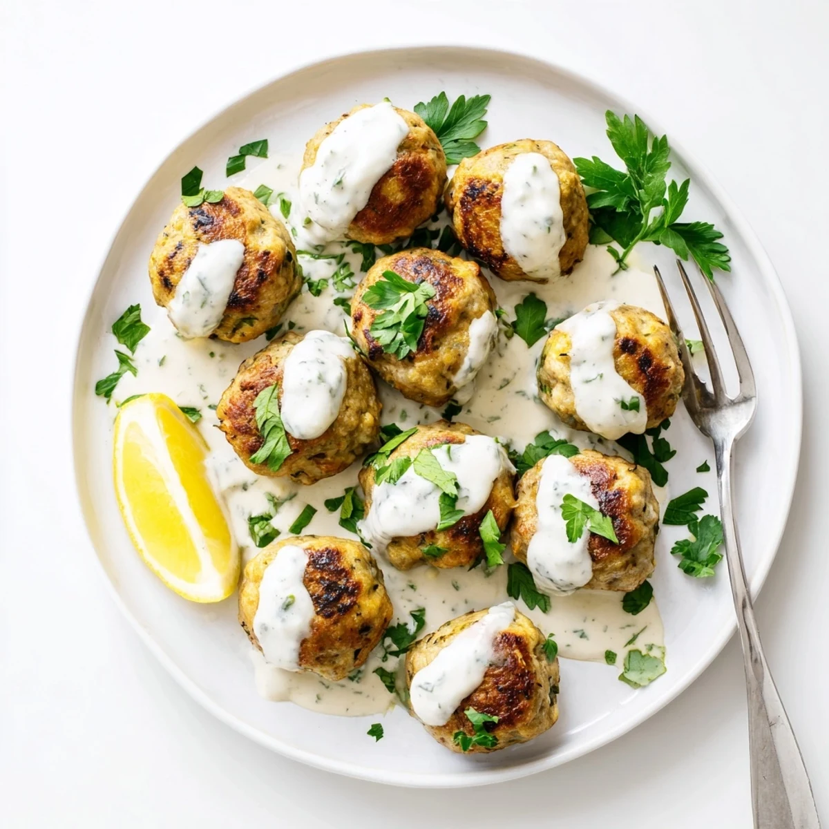 Juicy chicken kofta meatballs sit on a platter next to a creamy garlic yogurt sauce bowl and lemon wedges.  