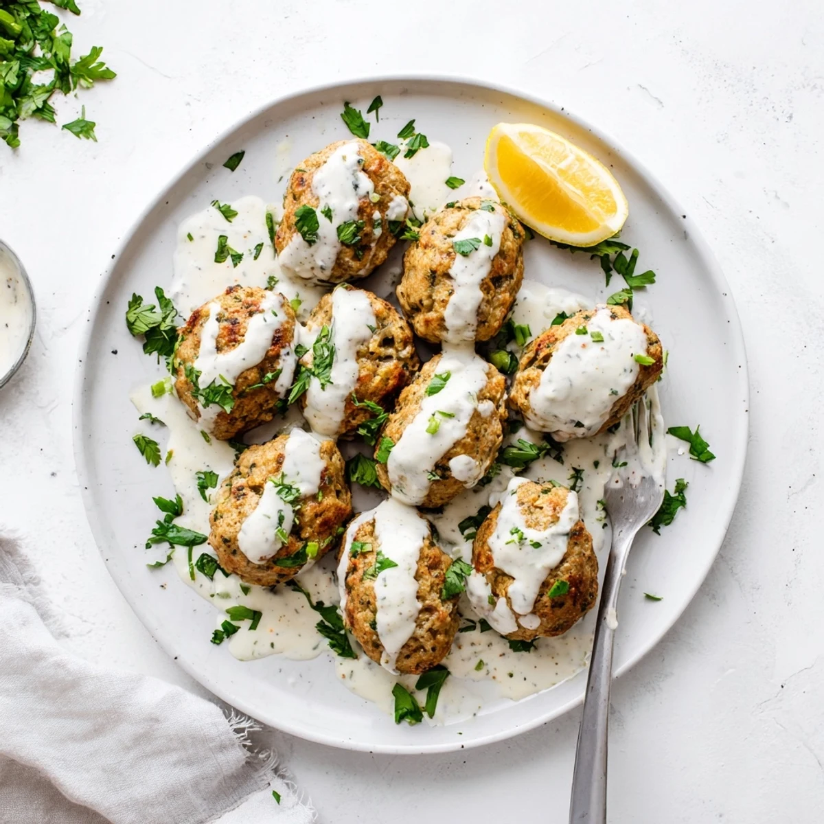 A close up of golden brown chicken kofta with a drizzle of garlic yogurt sauce and fresh parsley garnish.  