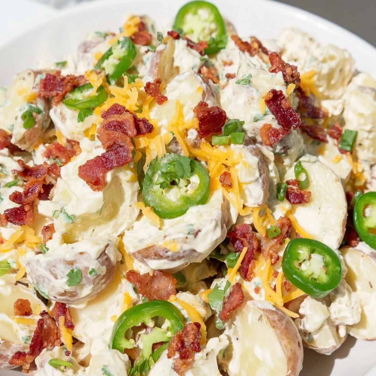 A bowl of Jalapeno Popper Roasted Potato Salad garnished with crispy bacon, sharp cheddar, and fresh jalapeno slices.