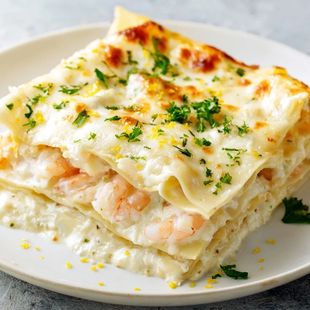 Golden-baked Garlic Butter Shrimp Scampi Lasagna layers, showcasing succulent shrimp and melted mozzarella in a 9x13 dish.