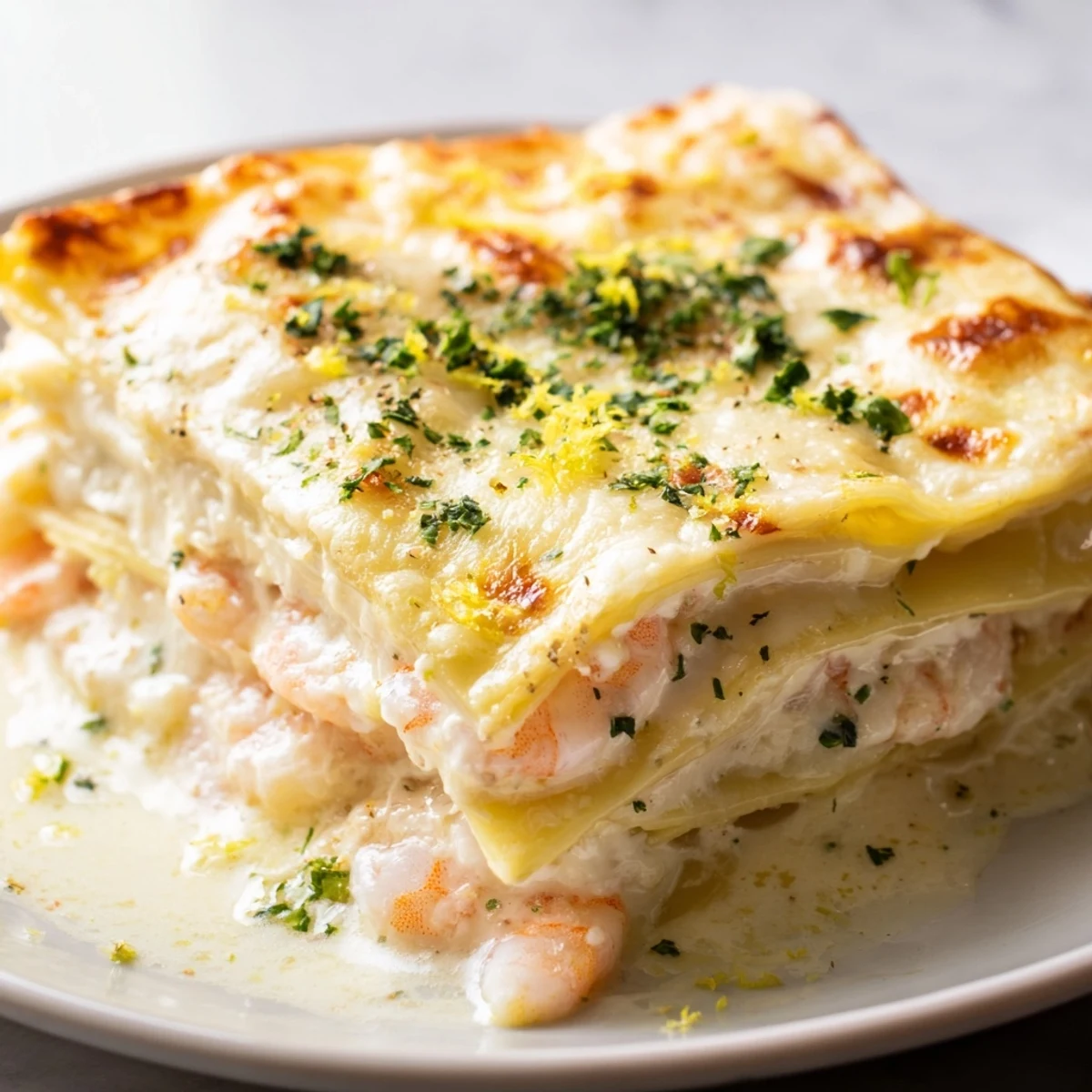 Garlic Butter Shrimp Scampi Lasagna served hot from the oven with fresh parsley garnish, perfect for family dinner.