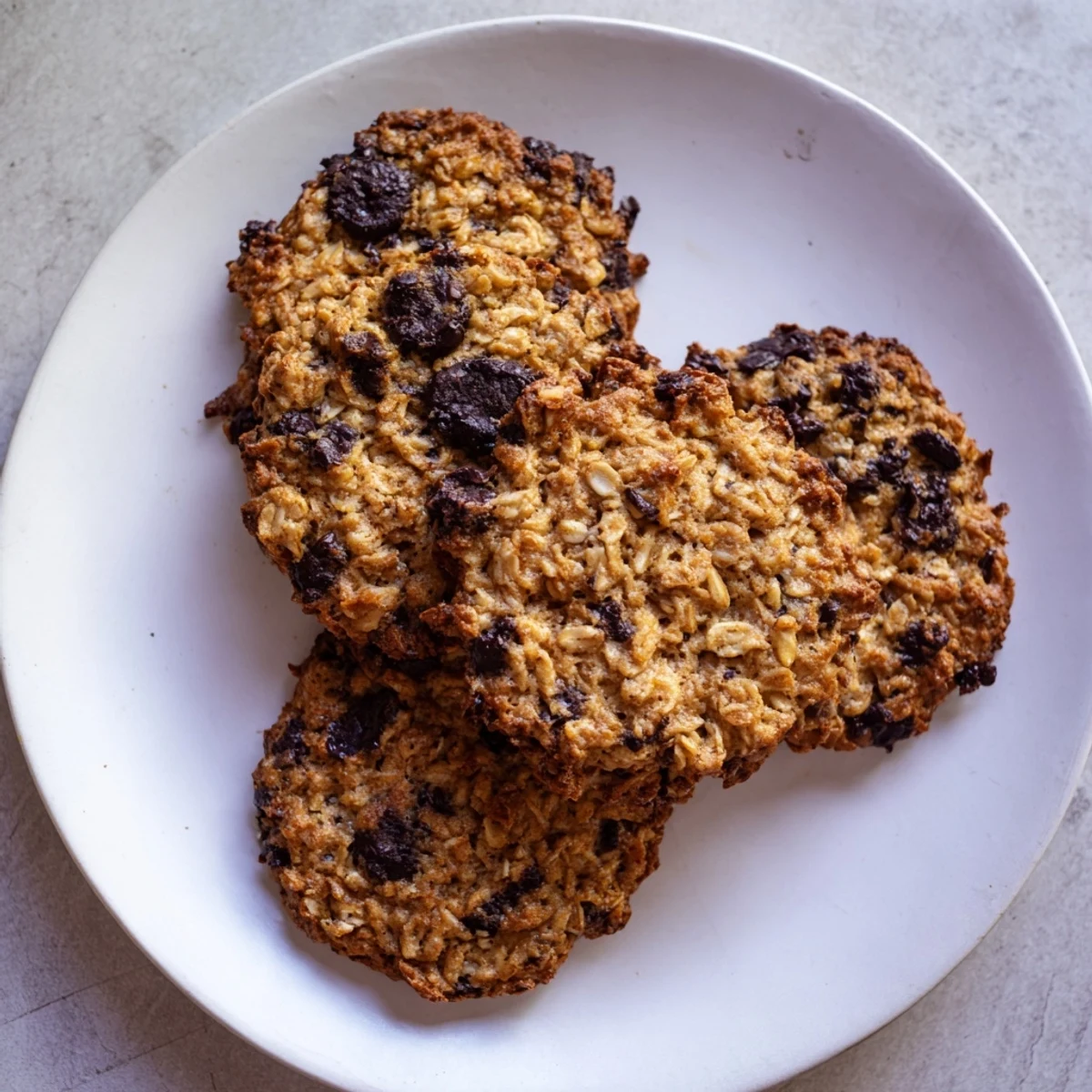 Golden brown 4 Ingredient Crispy Chocolate Oat Cookies with melted chocolate chunks on a rustic wooden board.  