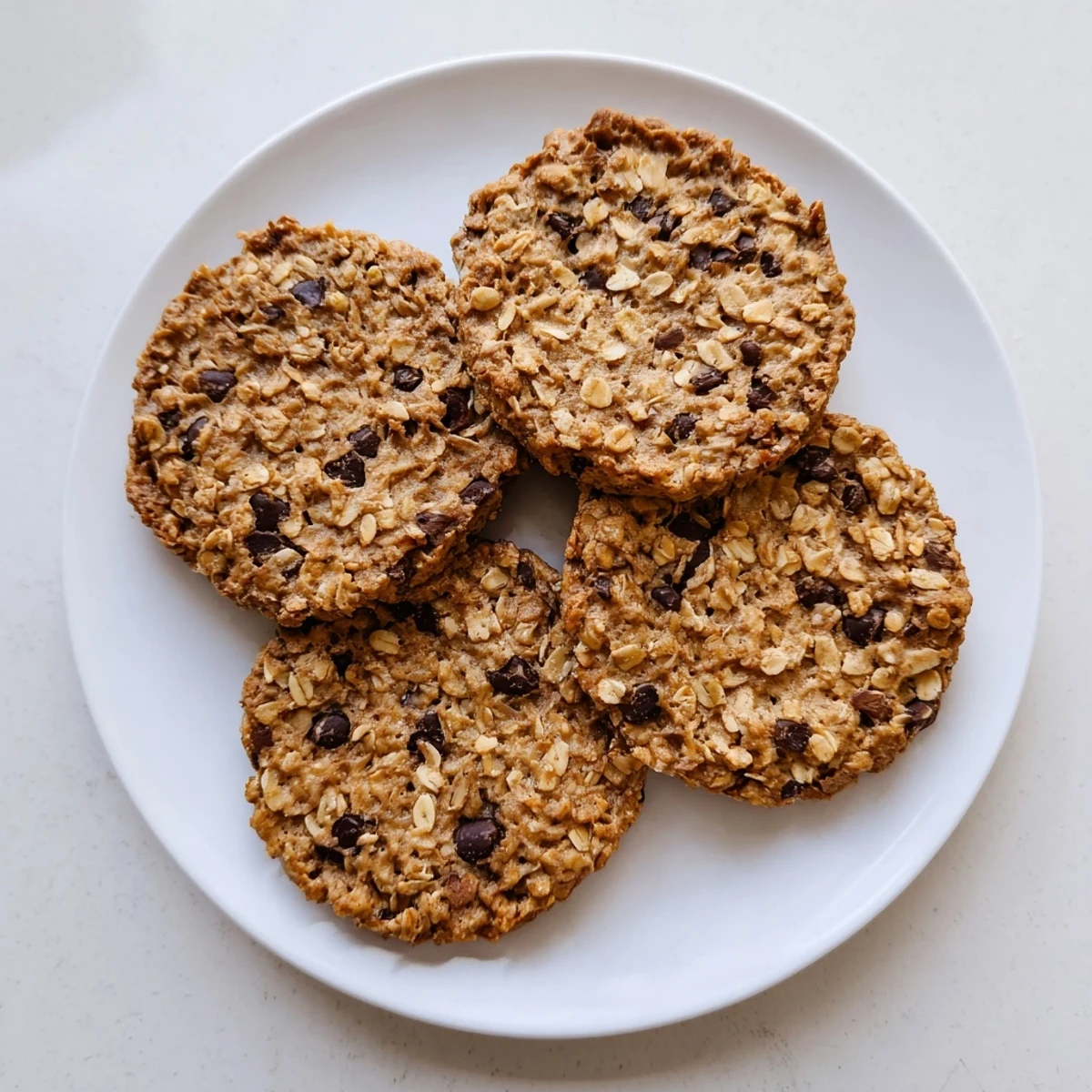Freshly baked 4 Ingredient Crispy Chocolate Oat Cookies stacked high, showing a crunchy oat texture beside a glass of milk.  