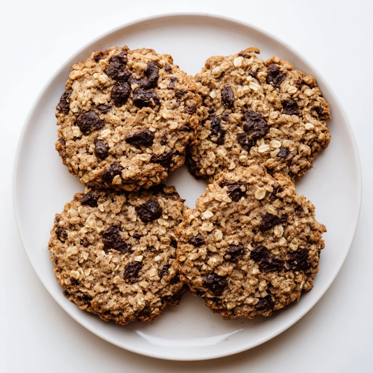 Cooling rack with warm 4 Ingredient Crispy Chocolate Oat Cookies, featuring rich dark chocolate and brown sugar edges.