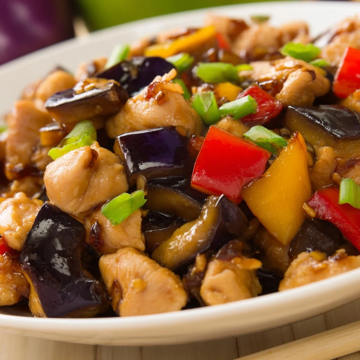 Wok-seared Black Vinegar Chicken with Bell Peppers and Eggplant shows tender chunks glistening in rich sauce.