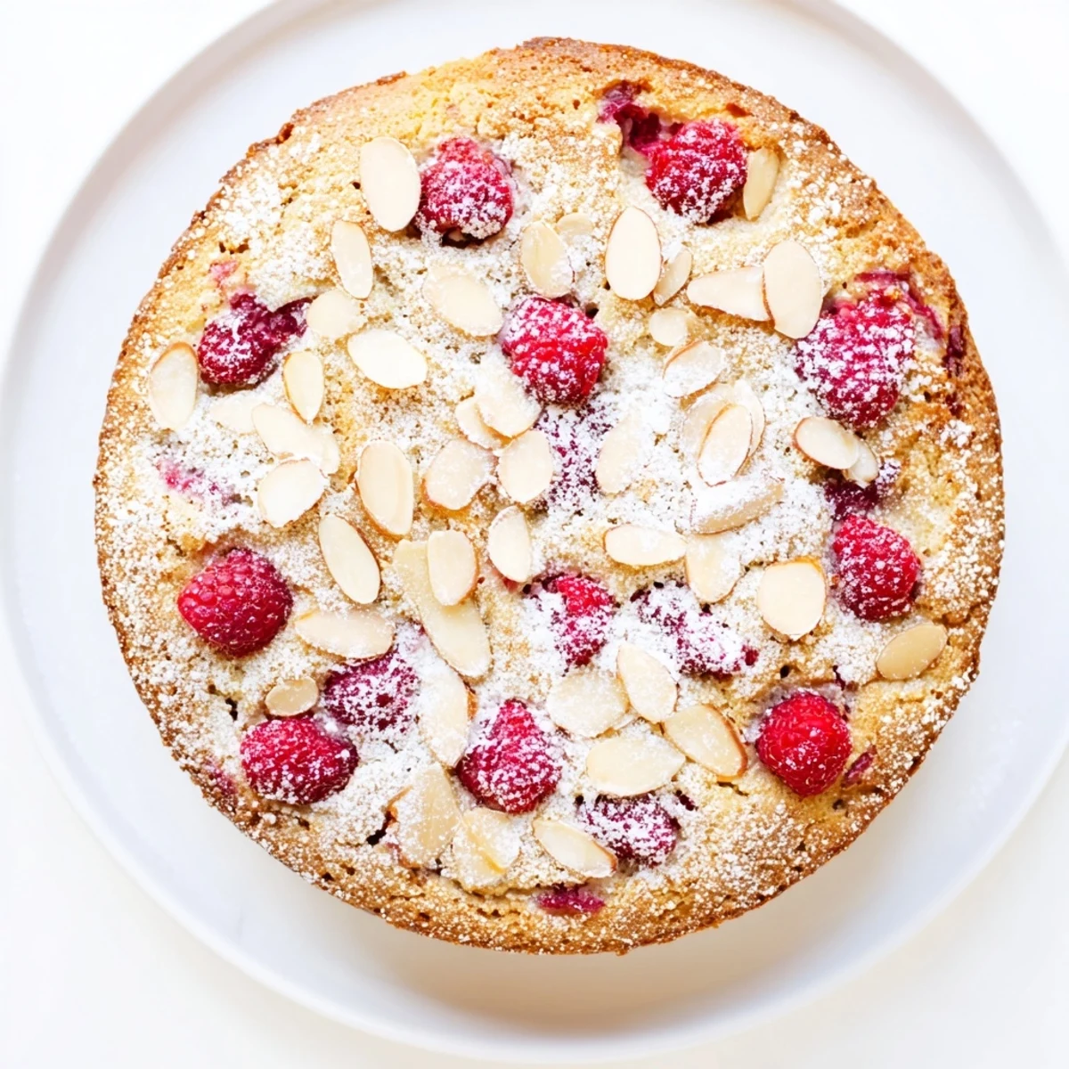 A golden Soft Almond Raspberry Cake with fresh raspberries and sliced almonds on top.