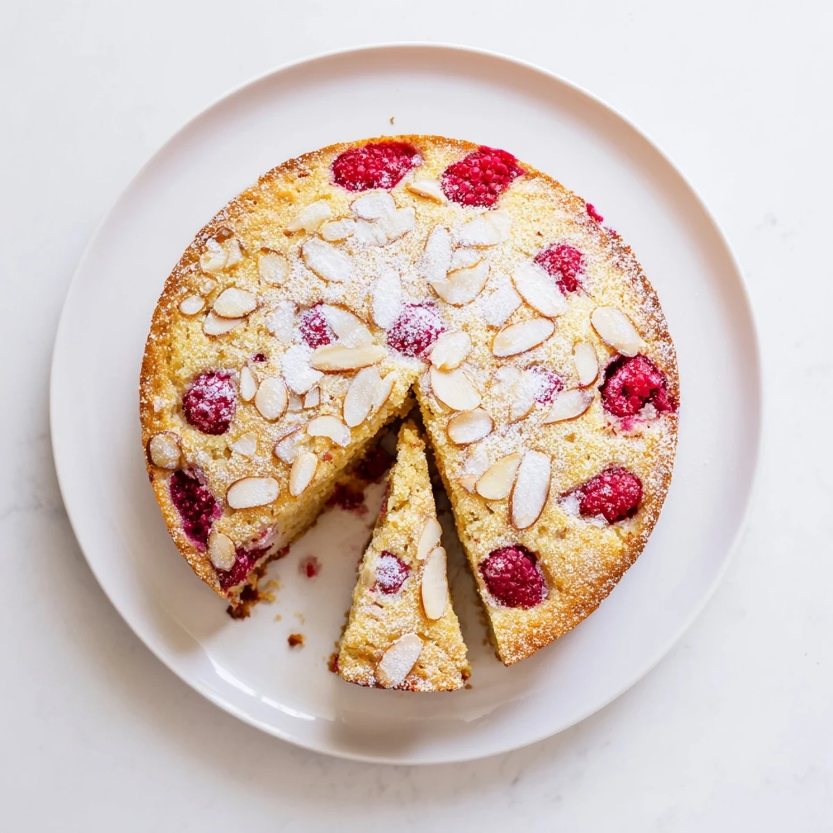 Slice of Soft Almond Raspberry Cake served on a white plate with powdered sugar dusting.