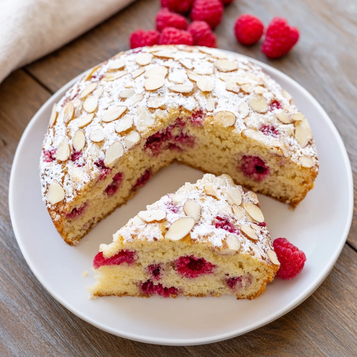 Close-up of Soft Almond Raspberry Cake showing moist crumb and juicy red raspberries inside.
