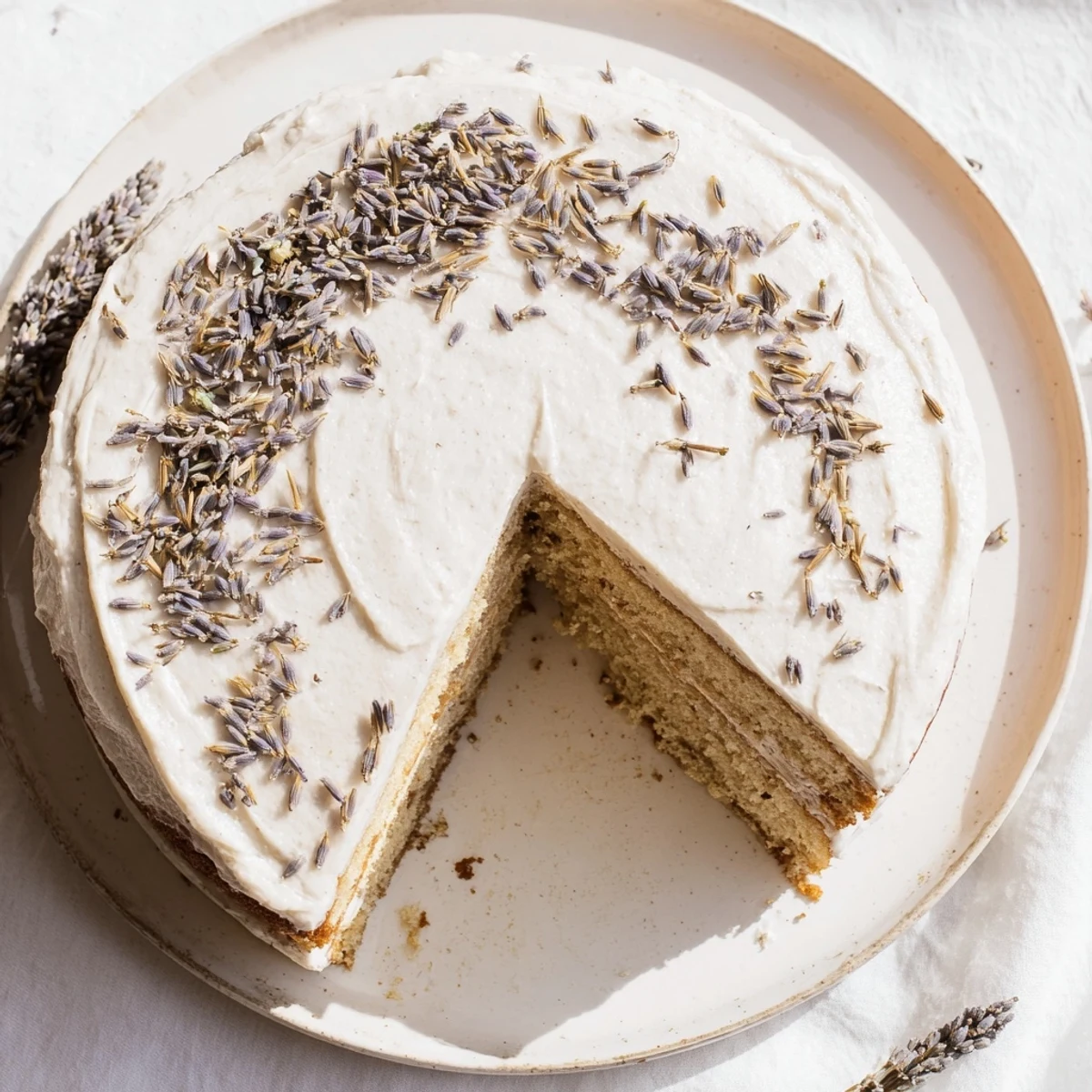 Freshly frosted London Fog cake topped with dried lavender and Earl Grey leaves, ready to serve at a tea party.
