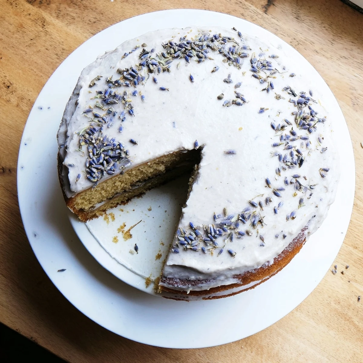 A moist London Fog cake slice showing lavender syrup soak, creamy Earl Grey frosting, and elegant floral garnish.