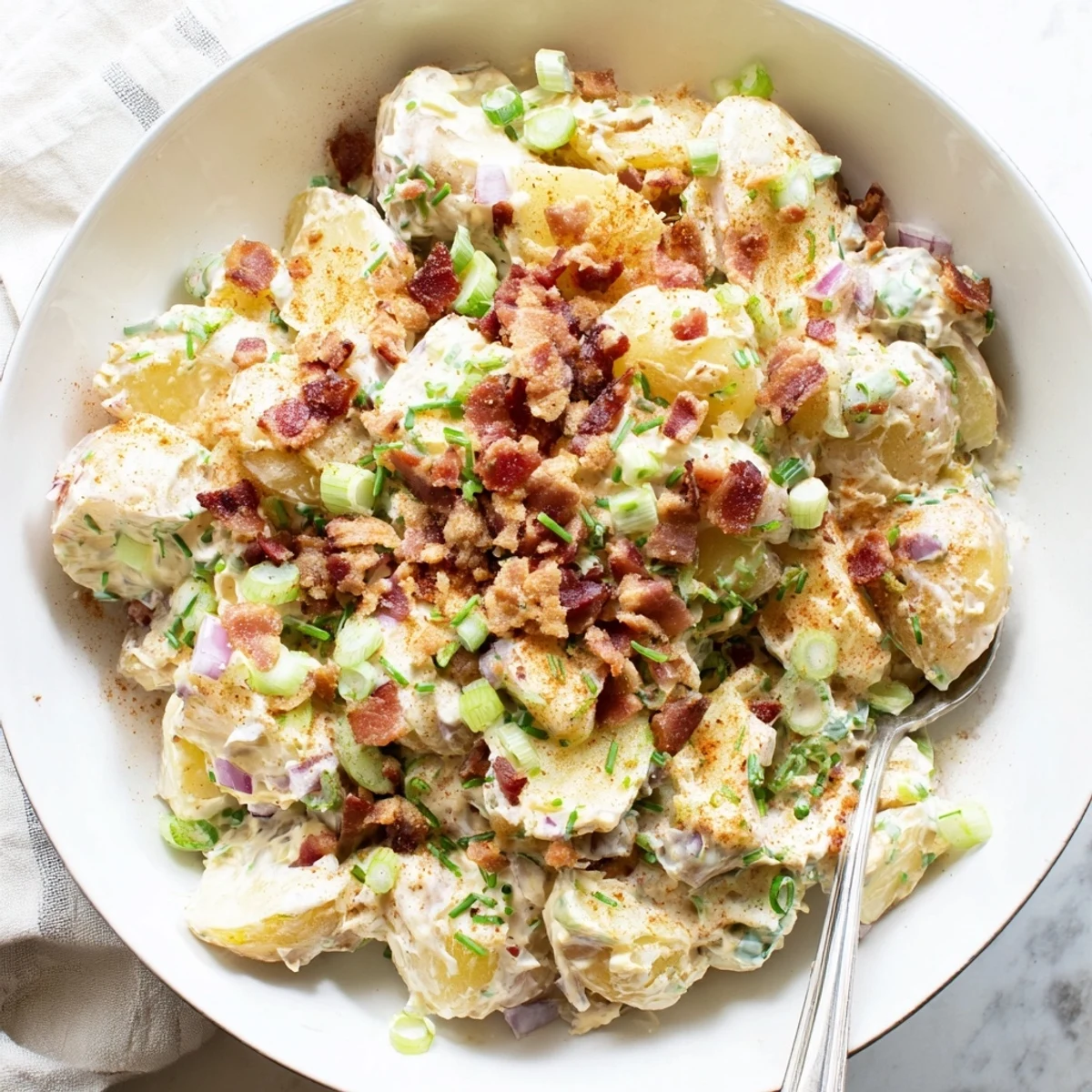Creamy steakhouse potato salad with crispy bacon bits, served in a rustic bowl beside grilled steak and fresh chives.