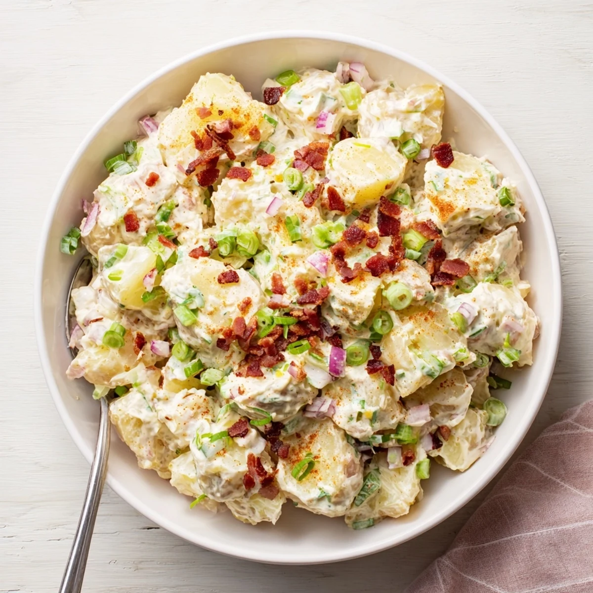 Fork-tender Yukon Gold potatoes tossed in tangy dressing with crunchy celery and red onion, topped with smoky bacon crumbles.