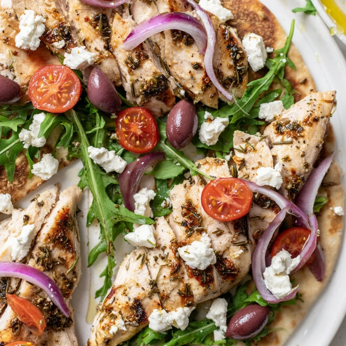 Golden-baked flatbread with lemon herb chicken, creamy feta, and fresh arugula and tomatoes.