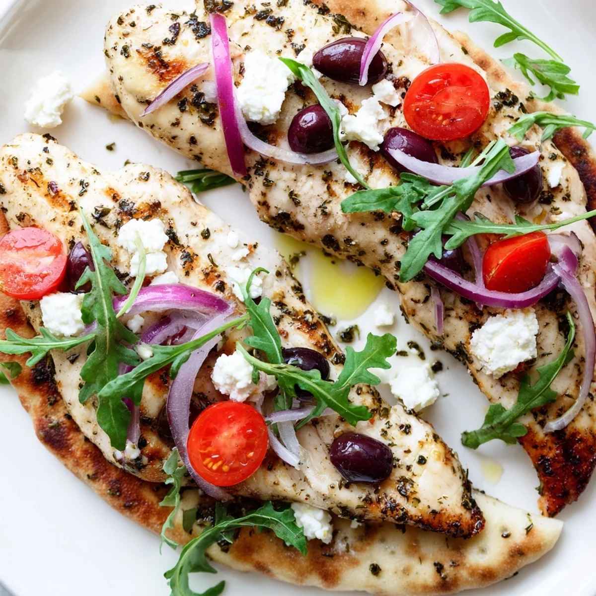 Slices of tender Zesty Lemon Herb Chicken Flatbread With Creamy Feta on a rustic board.