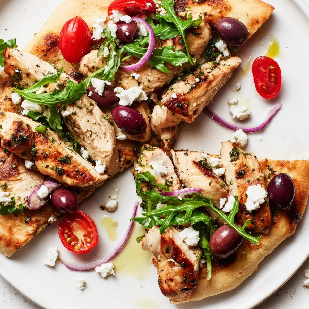 A Mediterranean-inspired flatbread topped with juicy chicken, feta, and olives, ready to serve.