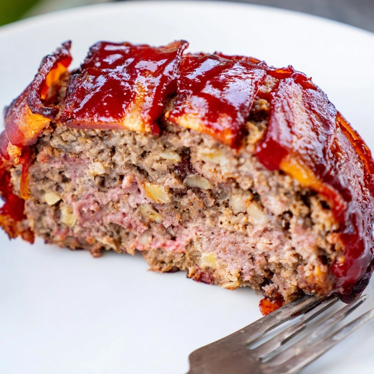 Golden-brown, crispy bacon wraps a juicy BBQ beef meatloaf, glazed with tangy sauce on a rustic cutting board.