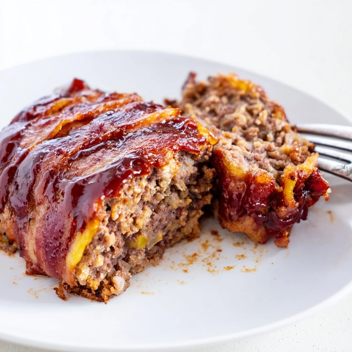 Sliced BBQ beef meatloaf reveals a moist interior with onions and garlic, served alongside roasted vegetables on a platter.